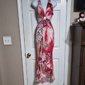 Pink Leopard Print Sexy Halter Maxi Dress